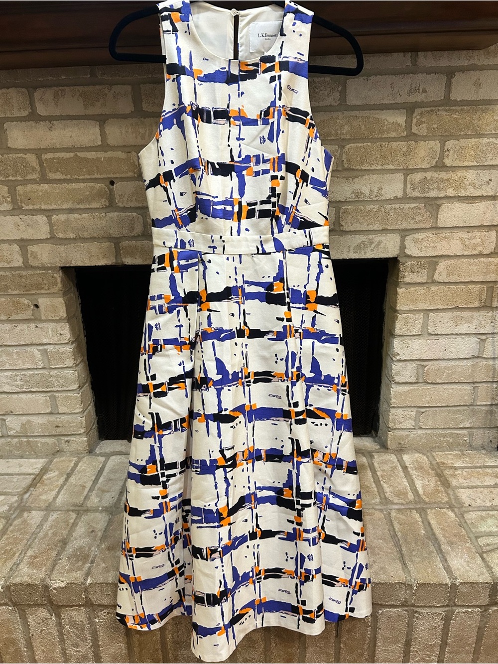LK Bennett White Sleeveless Midi Dress with Blue, Black & Orange Abstract Print